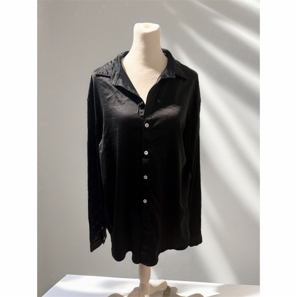 Zara Blouse Womens Size M Black Satin Feel Button Front Collared Long